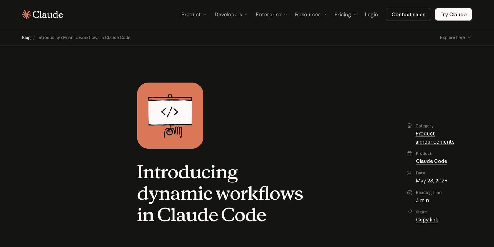 Oznámení dynamic workflows na blogu Claude